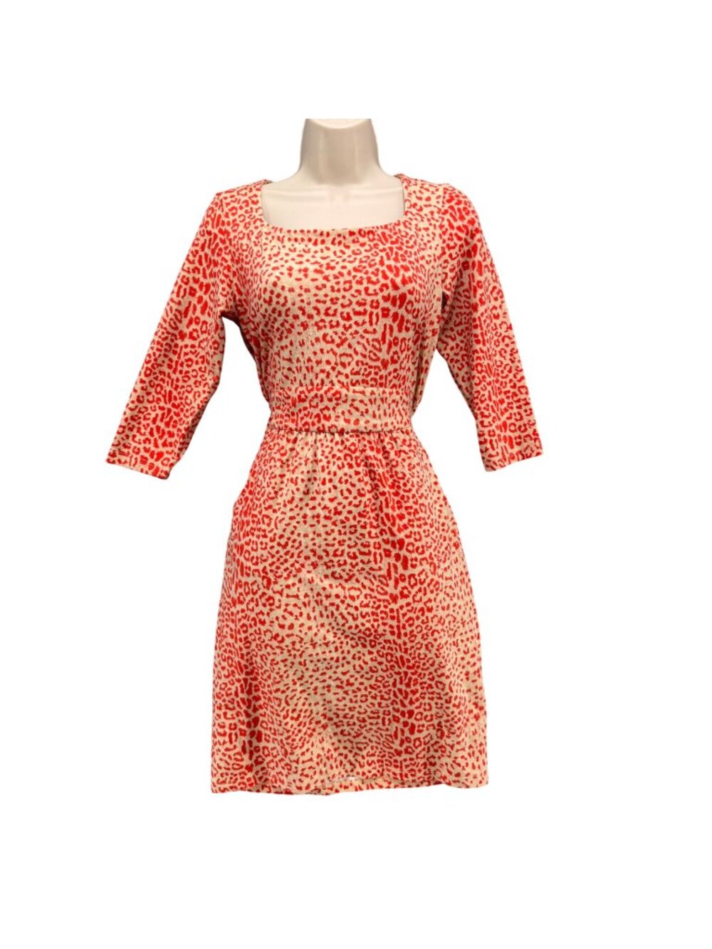 J McLaughlin Catalina Cloth Dress Bright Orange Cream Leopard  3/4 Sleeve Sz XS